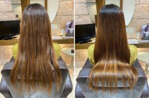 セミロング：ハイトーンカラーのダメージと髪の広がりが悩みのお客様の施術例